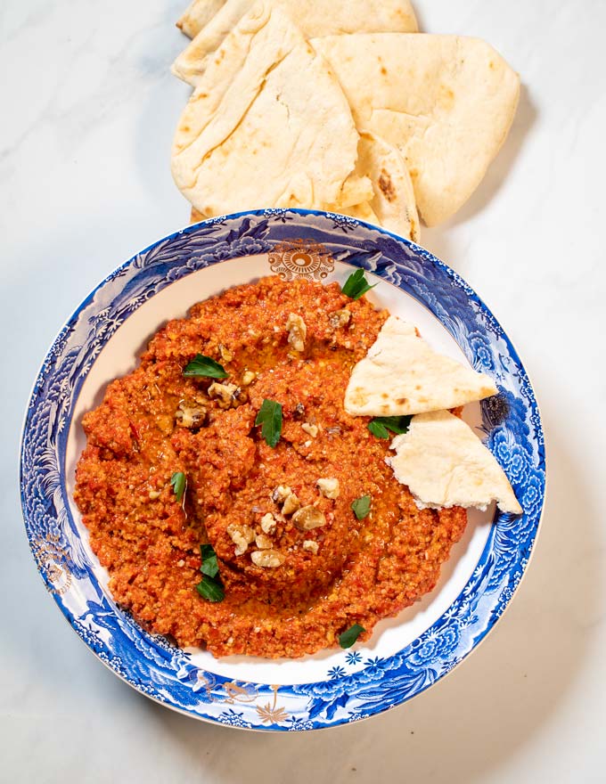 A serving of Muhammara with bread.