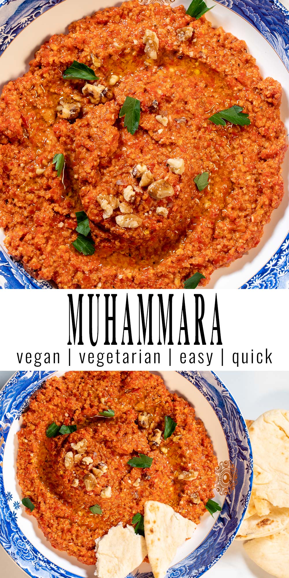 Collage of two photos of Muhammara with recipe title text.