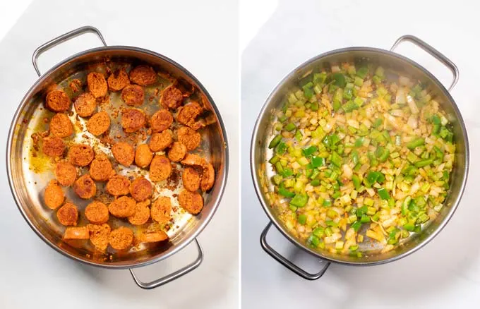 Step by step photos showing how sausage slices are refried in a large pan, then vegetables.