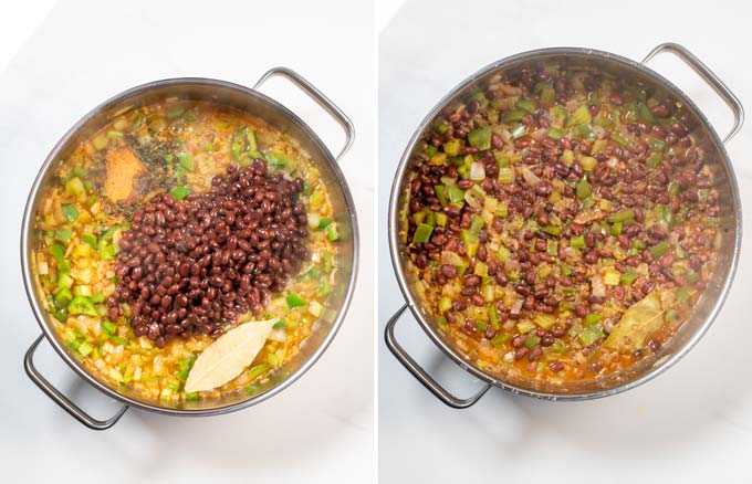 Step by step pictures showing how red beans are mixed in the pot with vegetables and broth.