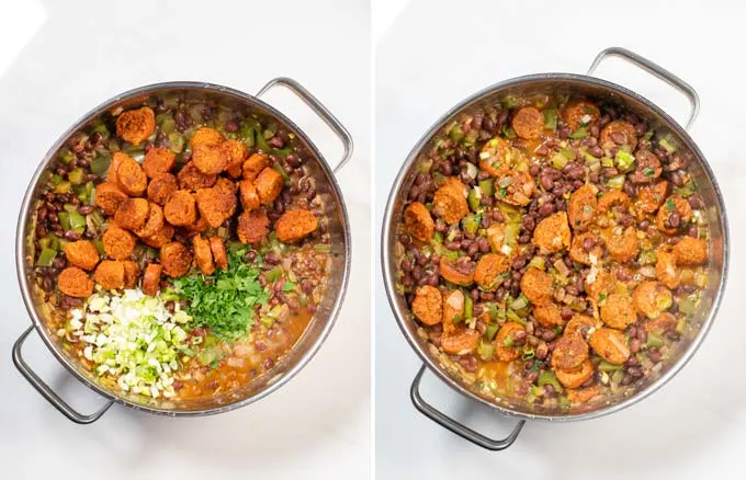 Side by side view showing how pre-fried sausage slices are given back into the pan.