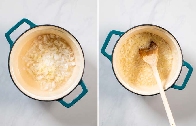 Step by step pictures showing how finely diced onions are sautéed in a pot.