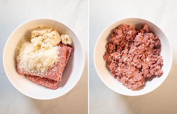 Step by step pictures showing how the vegan meat mixture is prepared with seasonings and soaked breadcrumbs.