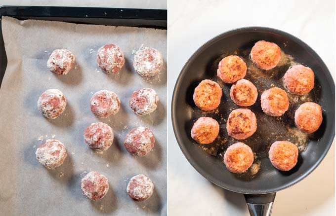 Side by side view showing flour-dredged meatballs before and after frying.
