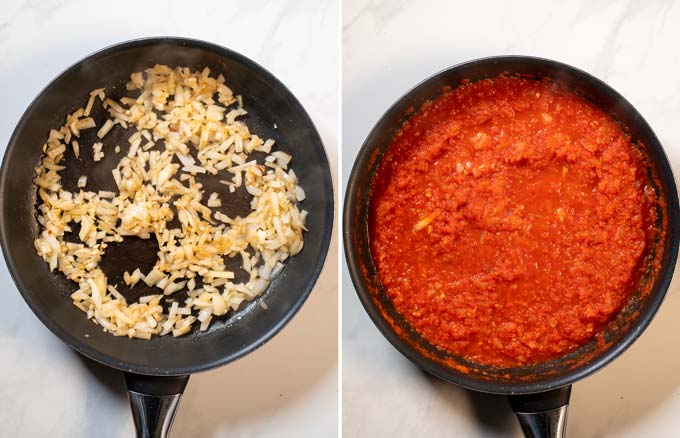 Step by step pictures showing how to make the tomato sauce from sautéed onions and tomato puree.