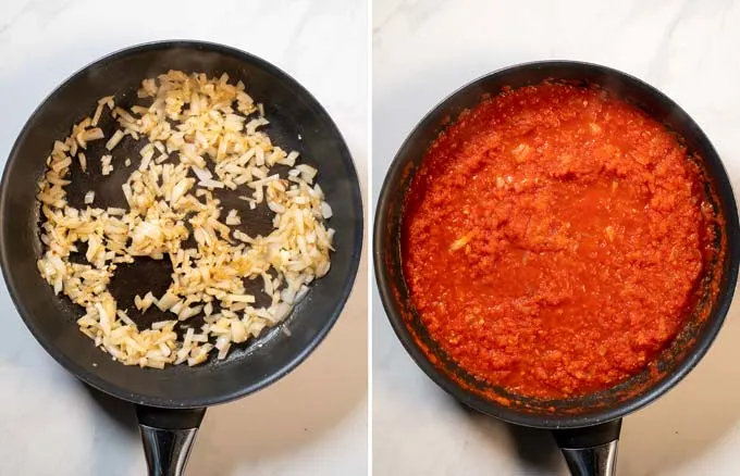 Step by step pictures showing how to make the tomato sauce from sautéed onions and tomato puree. 