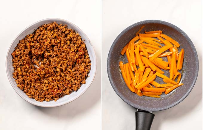 Side by side view of marinated vegan ground beef and pan seared carrot slice.