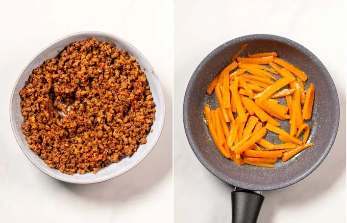 Side by side view of marinated vegan ground beef and pan seared carrot slice.