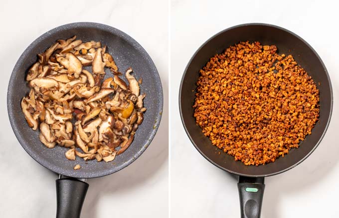 Side by side pictures showing a pan with mushrooms and vegan ground beef.
