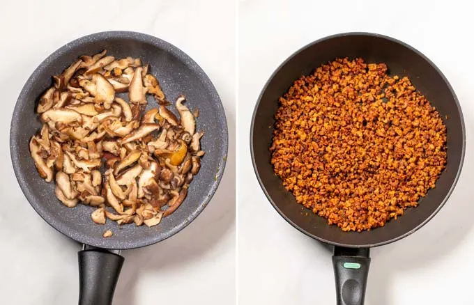 Side by side pictures showing a pan with mushrooms and vegan ground beef.