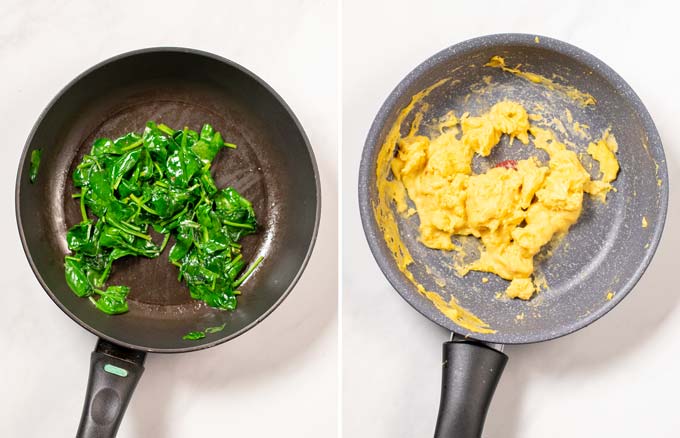 Dude by side view of a pan with sautéed spinach and with vegan scrambled eggs.