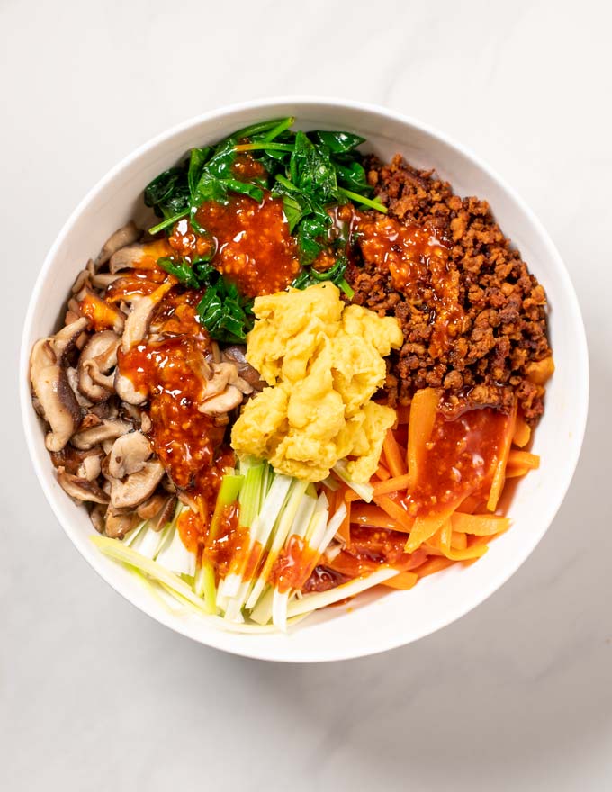 Top view of a serving bowl with Bibimbap.