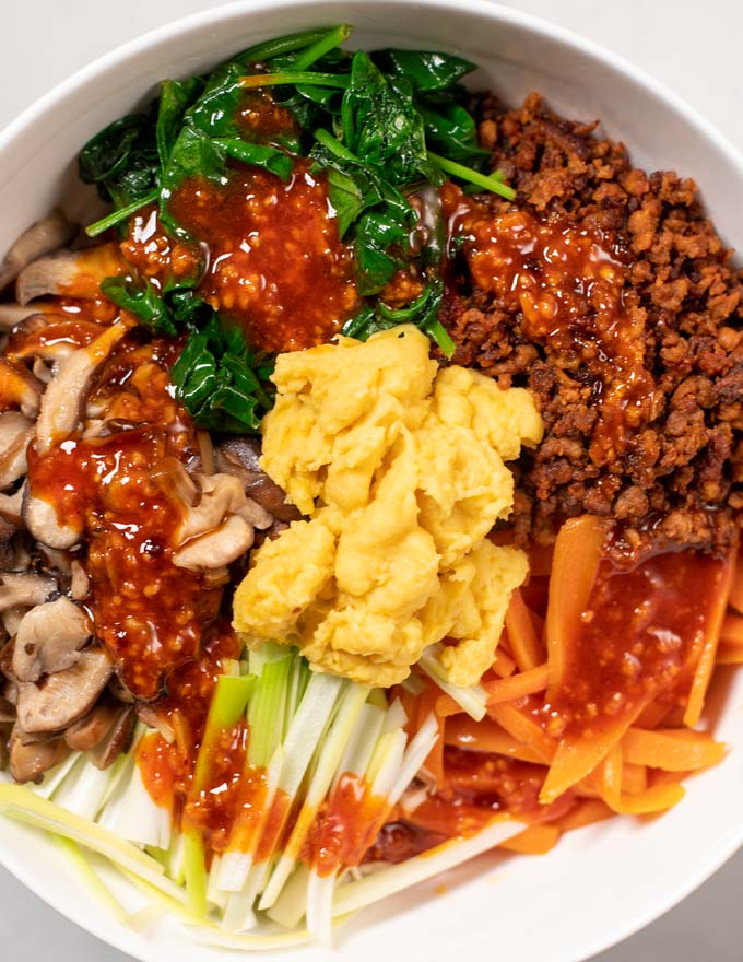 Closeup on a bowl with Bibimbap.