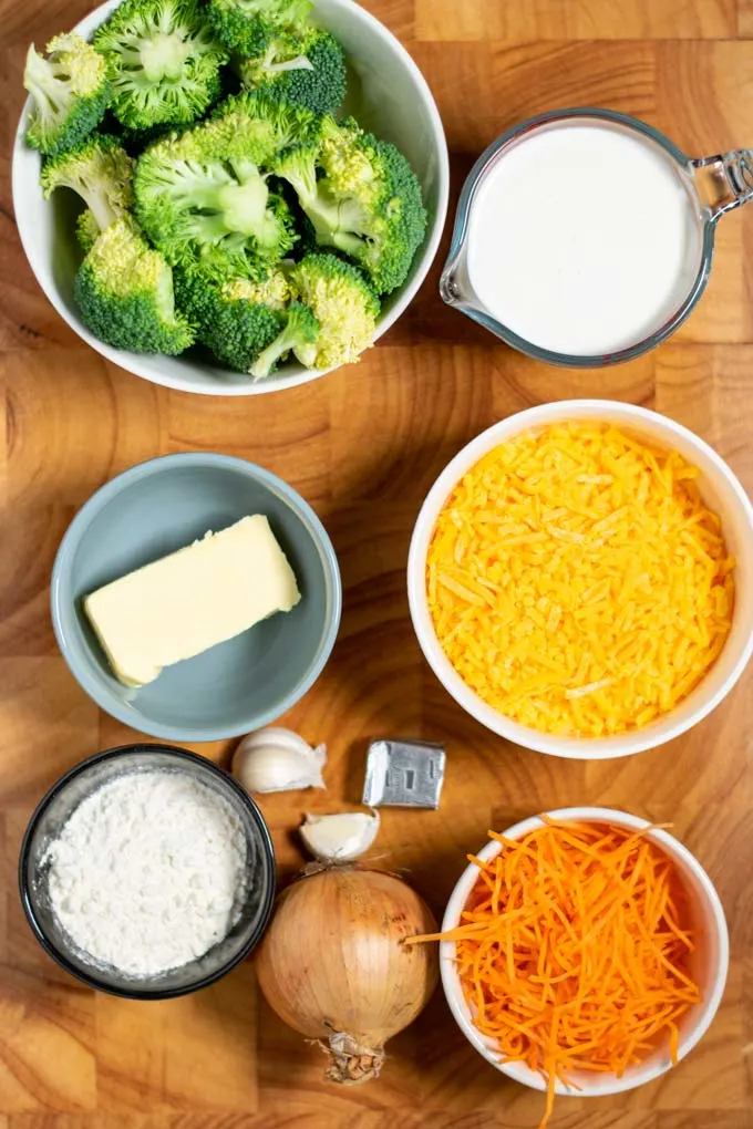 Ingredients needed for making Broccoli Cheddar Soup are collected before preparation.