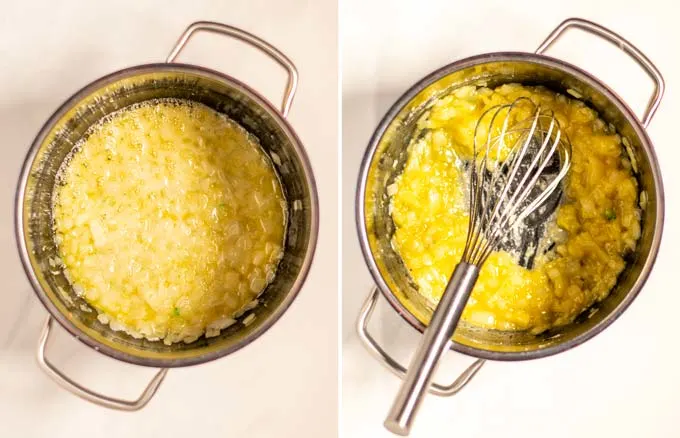 Step by step picture showing how first onions are sautéed, then flour is given to the same pot.