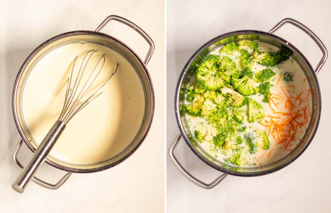 Side by side view of a creamy white sauce before and after addition of broccoli florets.