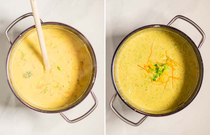 Side by side view of finalizing the Broccoli Cheddar Soup.
