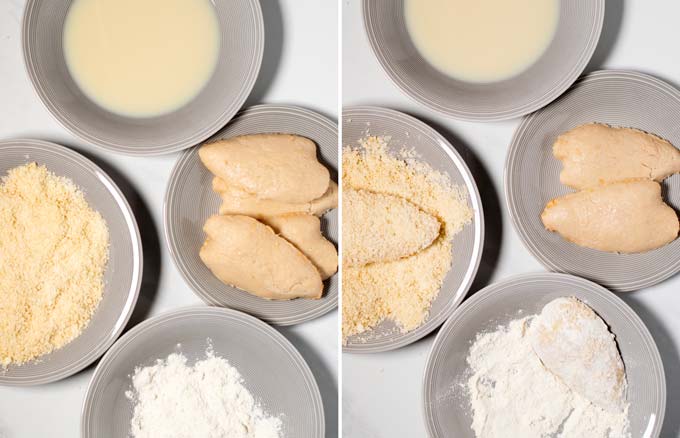 Step by step pictures showing how vegan chicken filets are breaded.