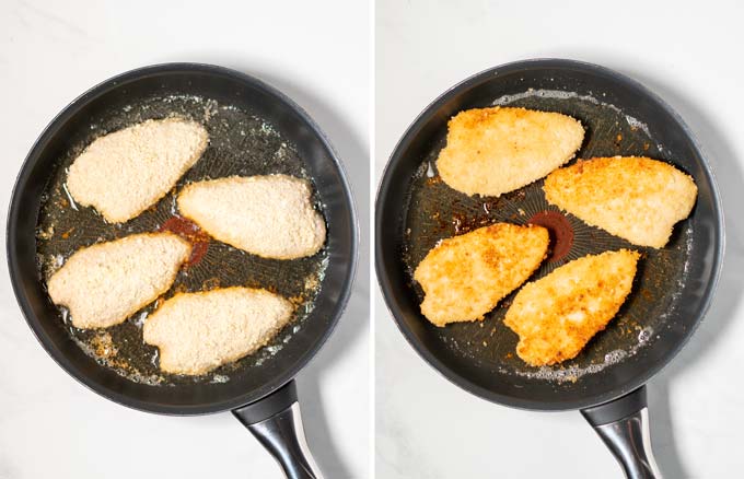 Side by side view showing breaded chicken breast before and after frying.