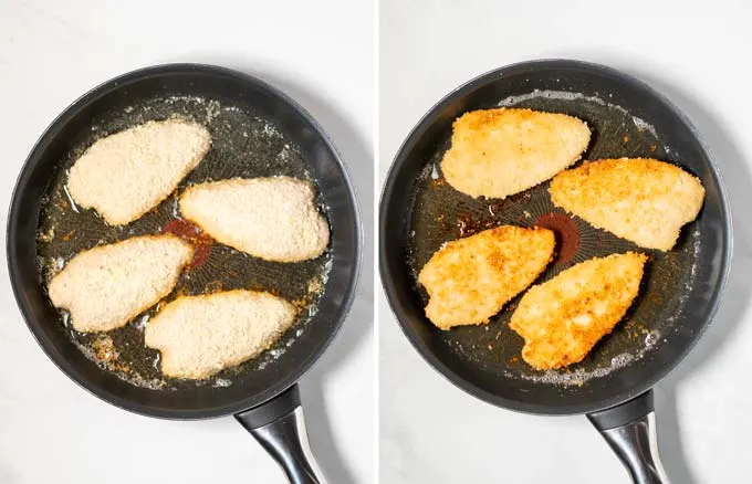 Side by side view showing breaded chicken breast before and after frying.