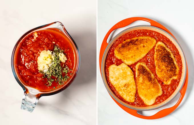 Side by side view of a small bowl with tomato sauce and a casserole with the sauce and refried chicken.