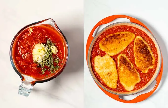 Side by side view of a small bowl with tomato sauce and a casserole with the sauce and refried chicken.