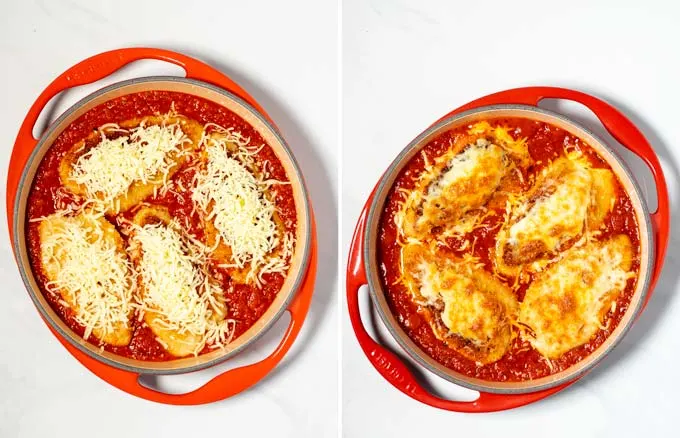 Side by side view of a casserole dish with the Chicken Parmesan before and after baking.