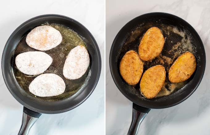 Step by step pictures showing how vegan chicken filets are fried in a pan.