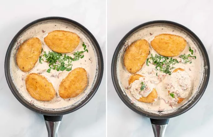 Side by side view of a large pan with the creamy sauce with vegan chicken added back.