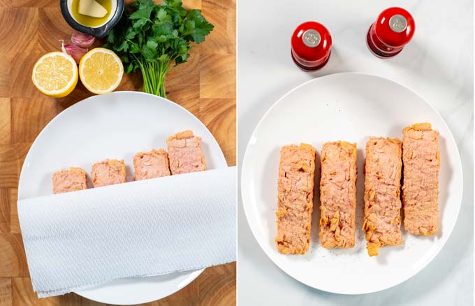 First steps of making Pan Seared Salmon: drying the salmon, then seasoning with salt and pepper.