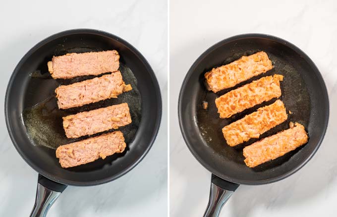 Before and after photos showing salmon being fried in a pan.