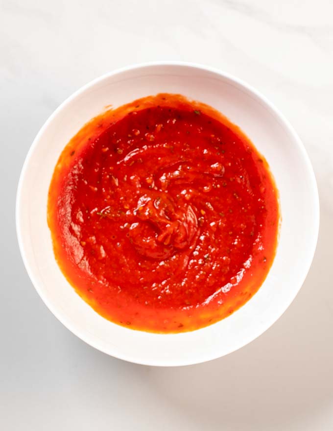 Top view of a mixing bowl with Pizza Sauce.