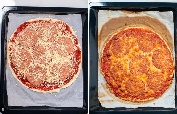 Side by side view of a homemade pizza before and after baking.