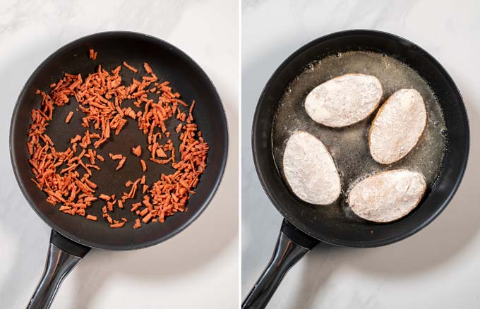 Step by step pictures showing how vegan bacon and chicken filets are fried in a pan.