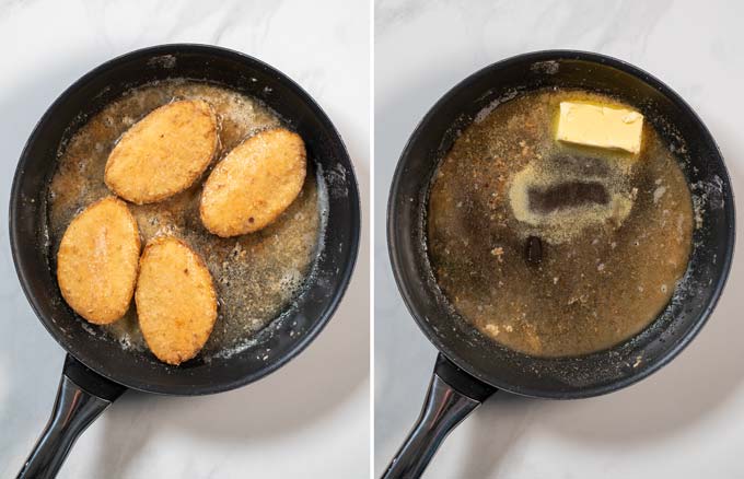 Side by side view of ready fried chicken and a pan in which butter and oil are heated.