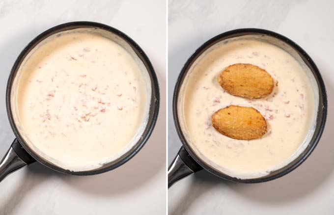 Step by step pictures of how the fried chicken is given back into the white sauce.