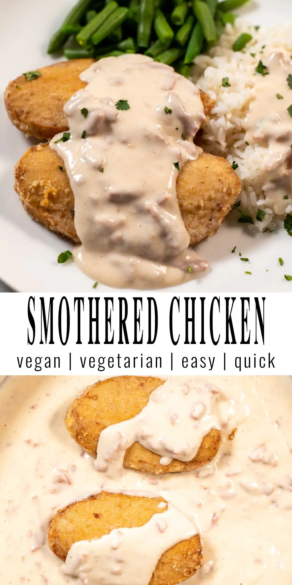 Collage of two photos of Smothered Chicken with recipe title text.