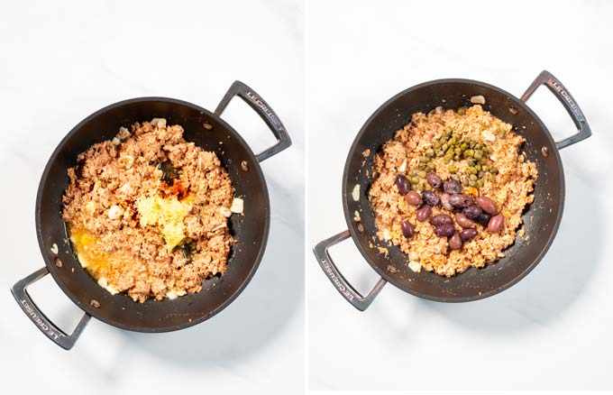 Side by side view of a pan with the vegan tuna, and spices.