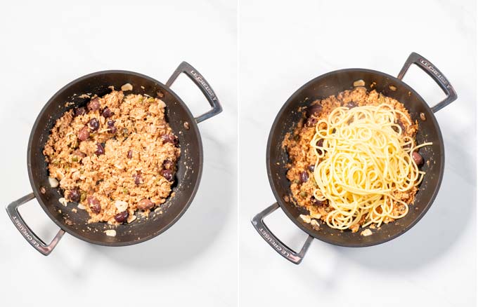 Side by side view of the pan with Tune mixture and addition of pasta.