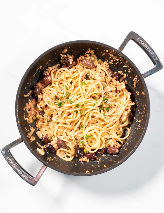 Top view of a pan with Tuna Pasta.