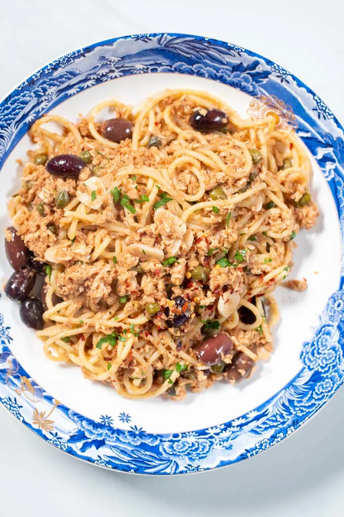 Large portion of Tuna Pasta on a plate.