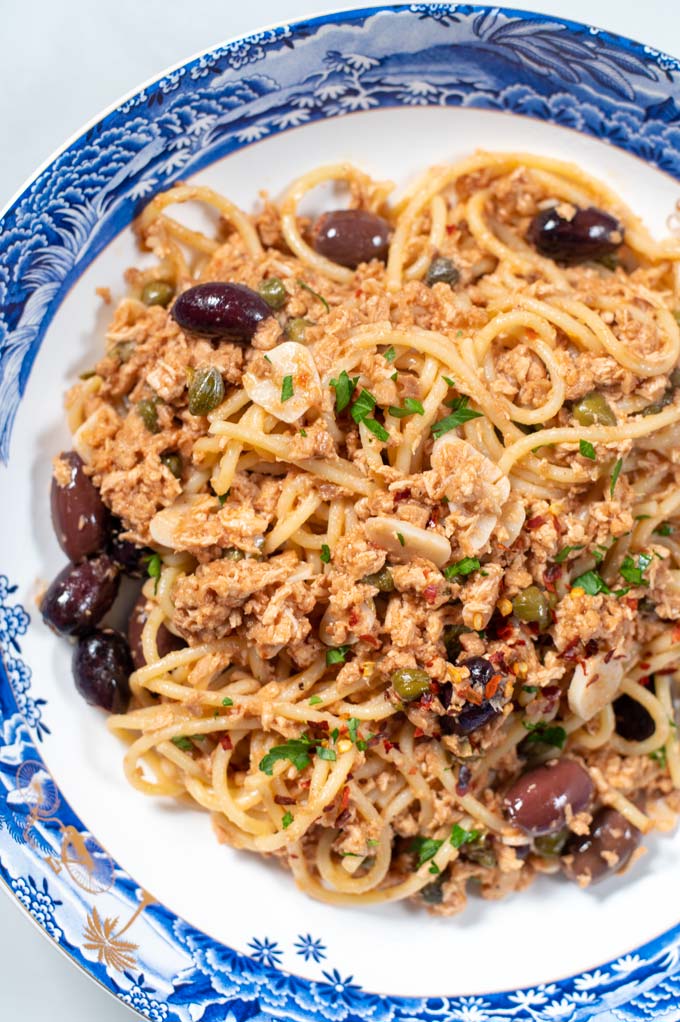 Closeup of Tuna Pasta on a plate.