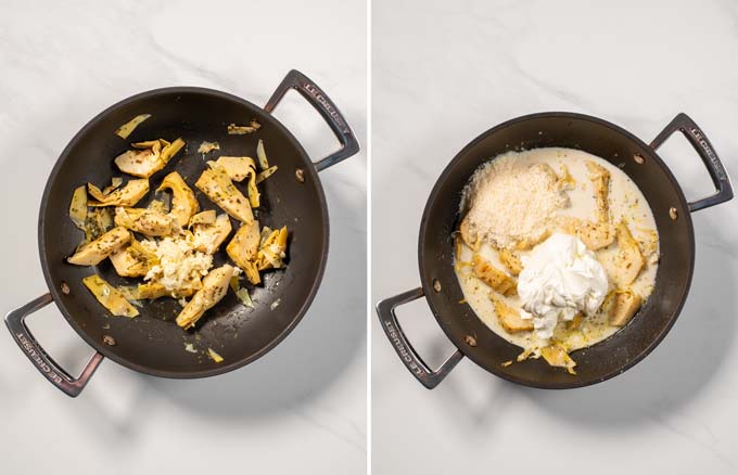 Side by side view of two steps preparing artichokes and the creamy sauce.