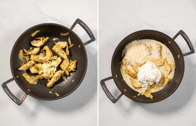 Side by side view of two steps preparing artichokes and the creamy sauce.