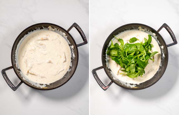 Side by side view of the creamy sauce with fresh spinach being added.