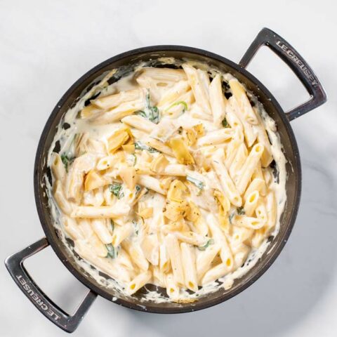 Top view of Artichoke Pasta in a pan.