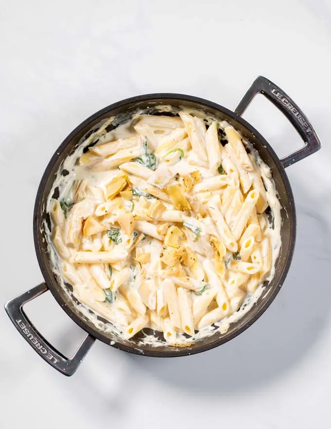 Top view of Artichoke Pasta in a pan.