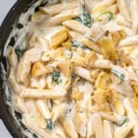 Closeup of ready Artichoke Pasta in a pan.