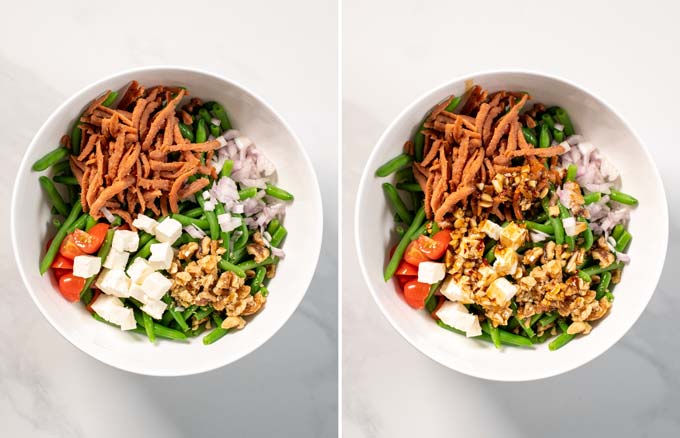 Side by side view of a large white mixing bowl with all ingredients, before and after pouring the prepared dressing over it.