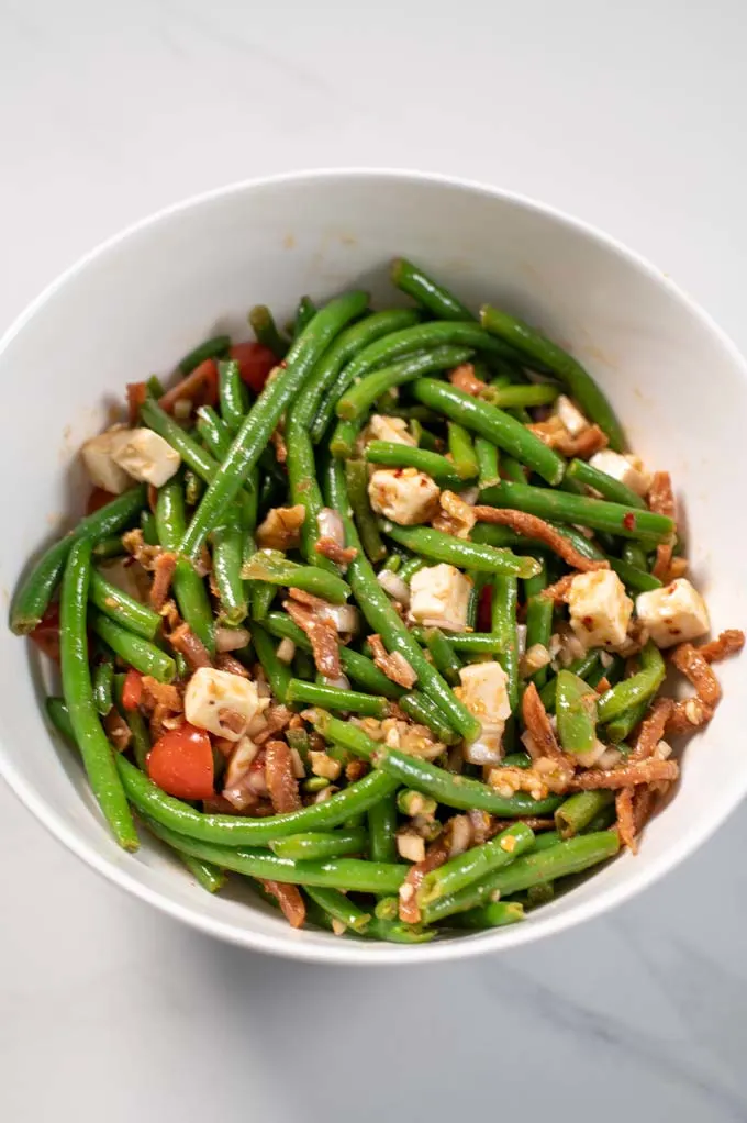 Large serving bowl with Green Bean Salad.